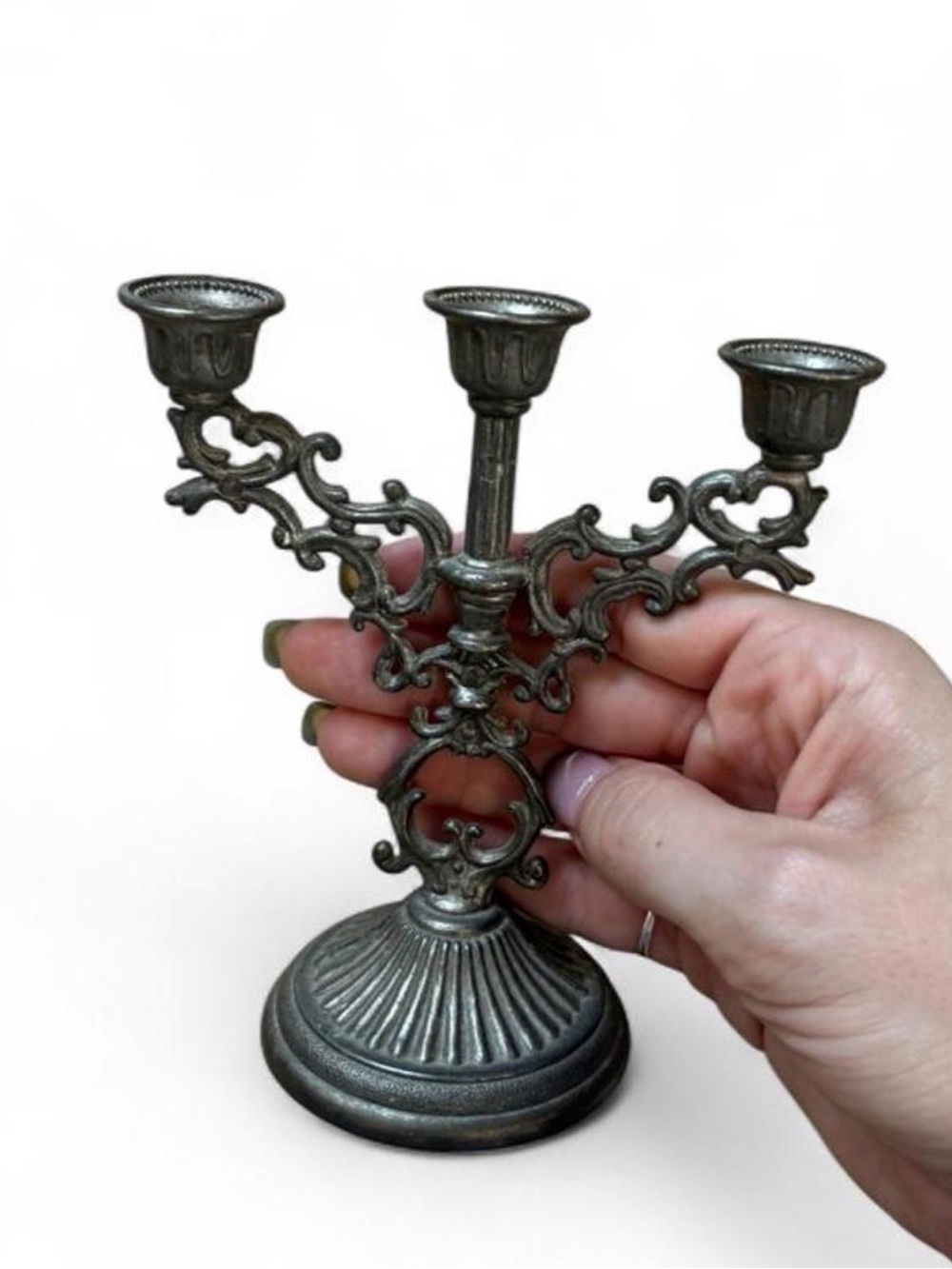 Ornate Silver-Tone 3-Arm Candle Holder